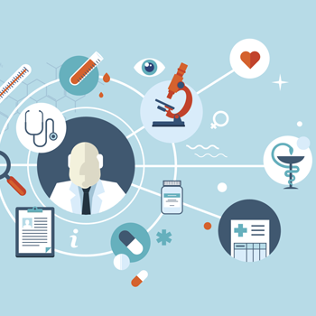 Graphic with the drawing of a healthcare professional in the center and different icons connected to it: a thermometer, a magnifying glass, a stethoscope, a clipboard, a microscope, pills, a medicine bottle, a prescription, the health symbol, and decorative items.