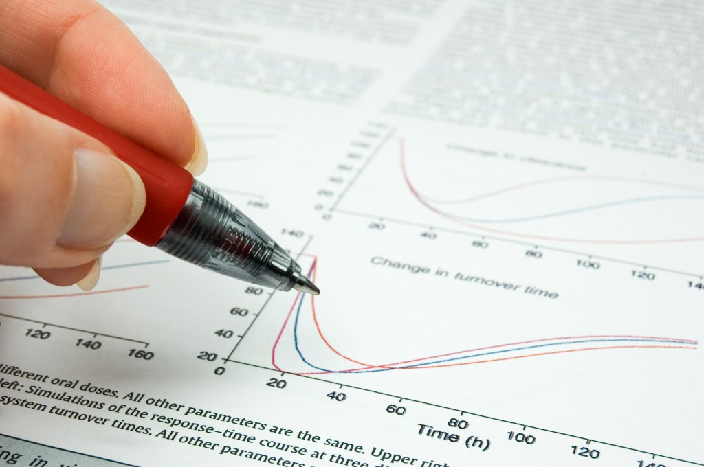A hand holding a pen over an image of a graph
