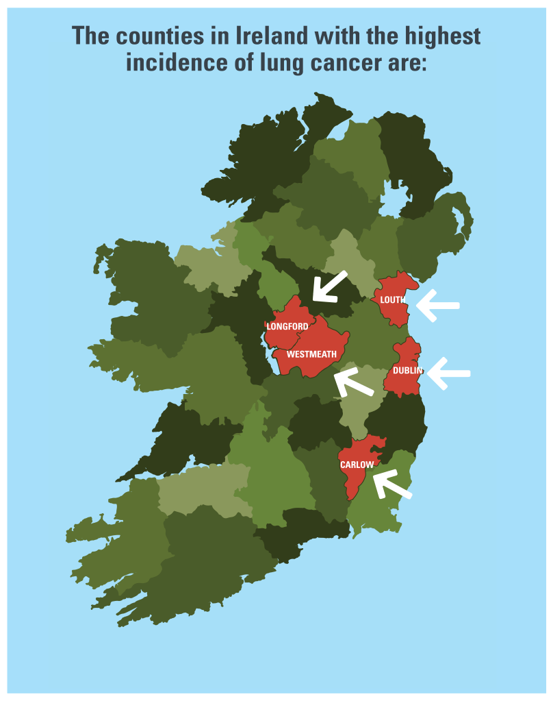 Map of Ireland showing the counties with the highest incidence of lung cancer.